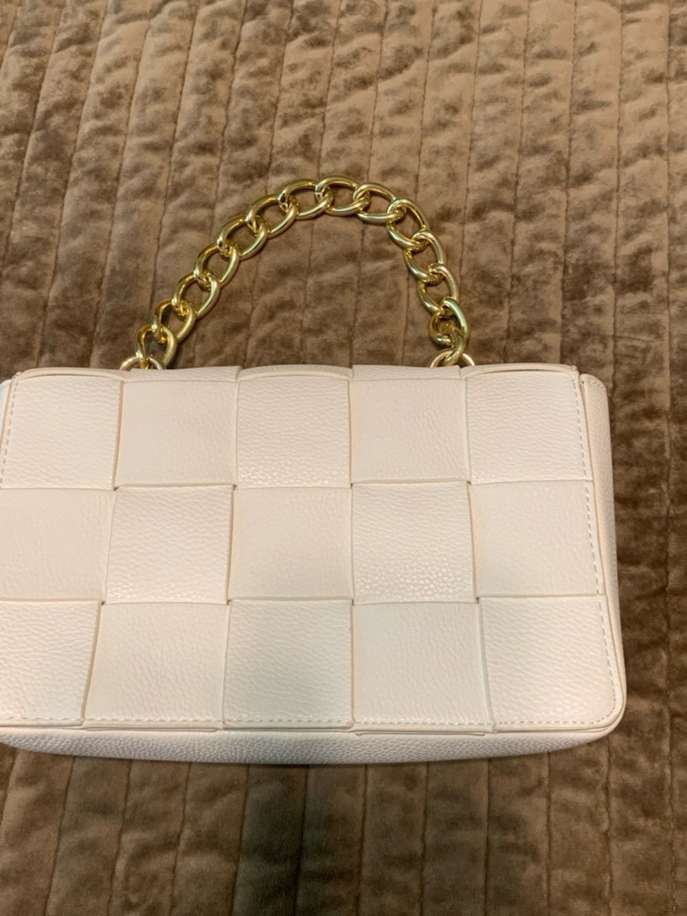 Woven Panel Cream Shoulder Bag with Gold Chain